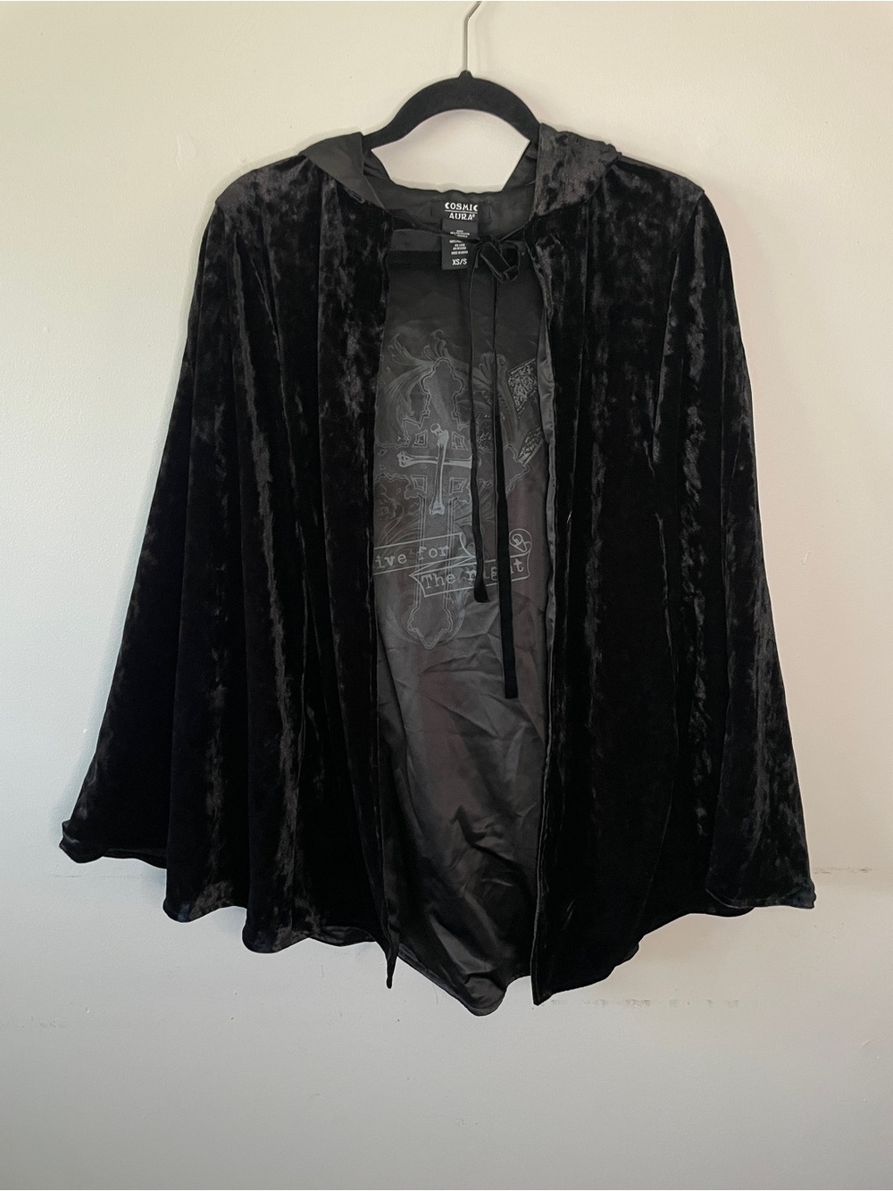 Cosmic Aura Black Crushed Velvet Hooded Cape Gothic Cross Lining XS/S Whimsigoth